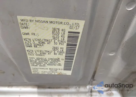 2017 Nissan Nv Cargo Nv1500 S V6 from USA, damaged, VIN 1N6BF0KM1HN803693